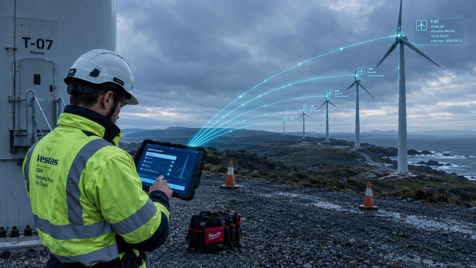 Field technician capturing turbine inspection data on a phone, with a cyan data-flow overlay keeping the record part of one connected operation